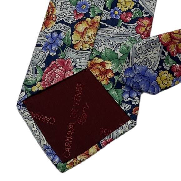 CARNAVAL DE VENISE Blue/Gray Floral Silk LUXURY Tie HANDMADE ITALY - Picture 5 of 5